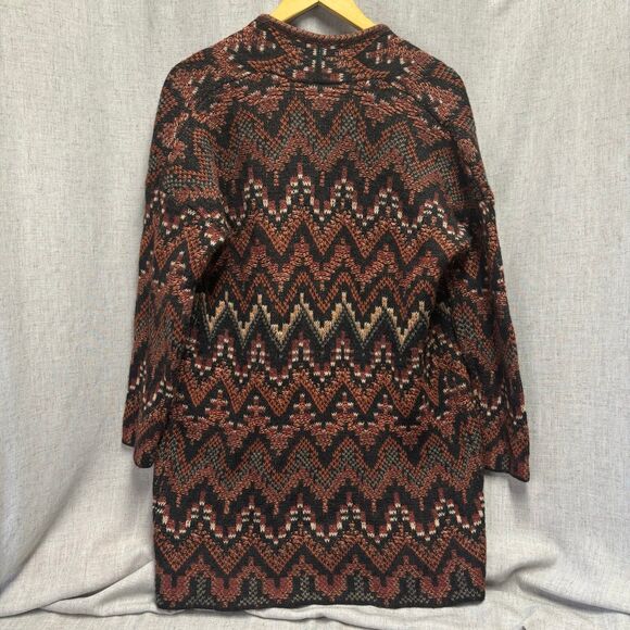 Lucky Brand Long Ikat‎ Cardigan Knit Sweater Black Maroon Wool Acrylic Medium - Picture 9 of 11